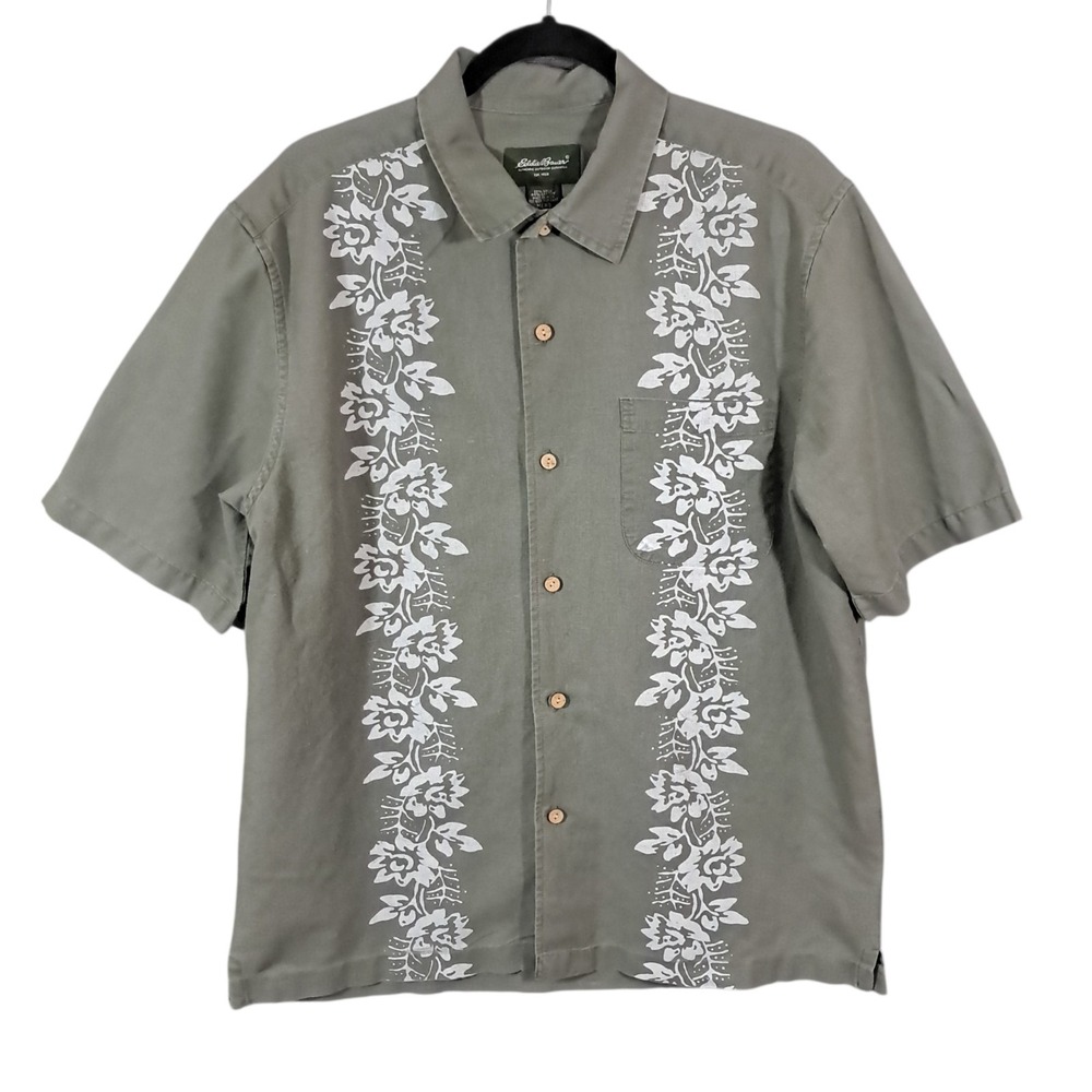 Eddie Bauer Men Medium Olive Green Linen Blend Floral Tropical Camp Shirt Resort